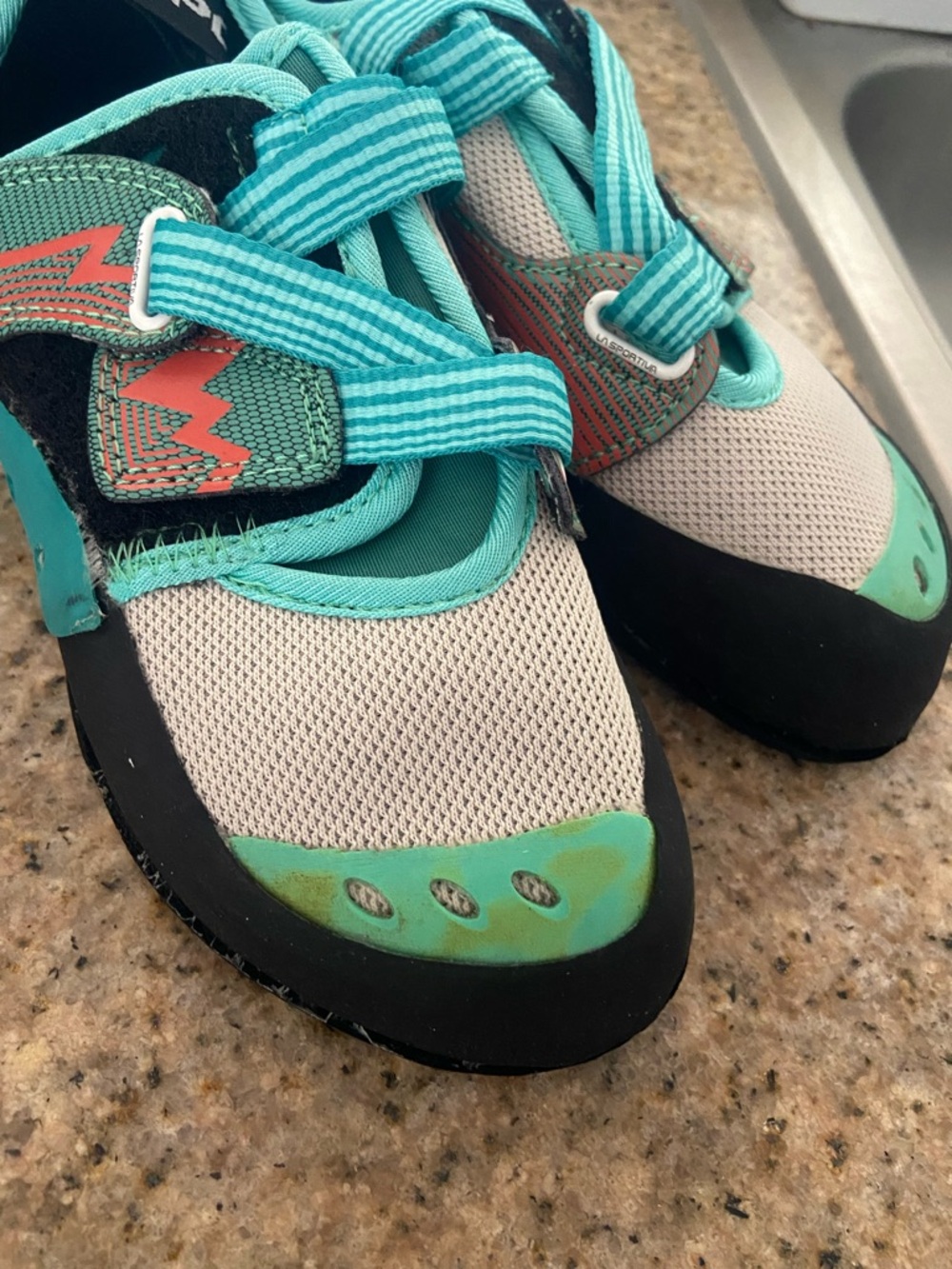 La Sportiva Kids Teal and Coral Climbing Sneakers - Picture 2 of 5